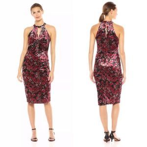 BCBG Velvet Floral High Neck Key Hole Midi Dress